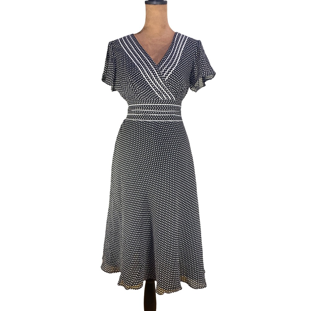 Papell Petites 100% Silk Polka Dot Midi Dress 6P Y2K Retro Classic timeless